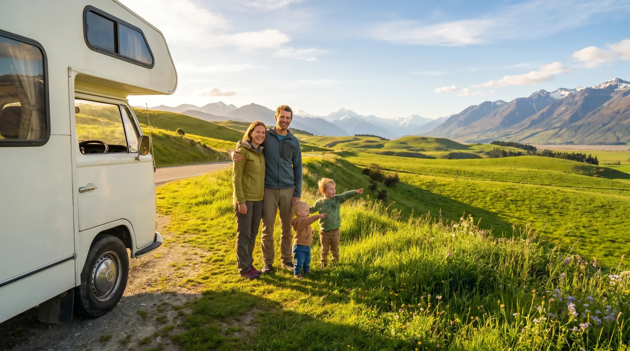 Family standing beside camper van on grassy hillside with mountain views in the background