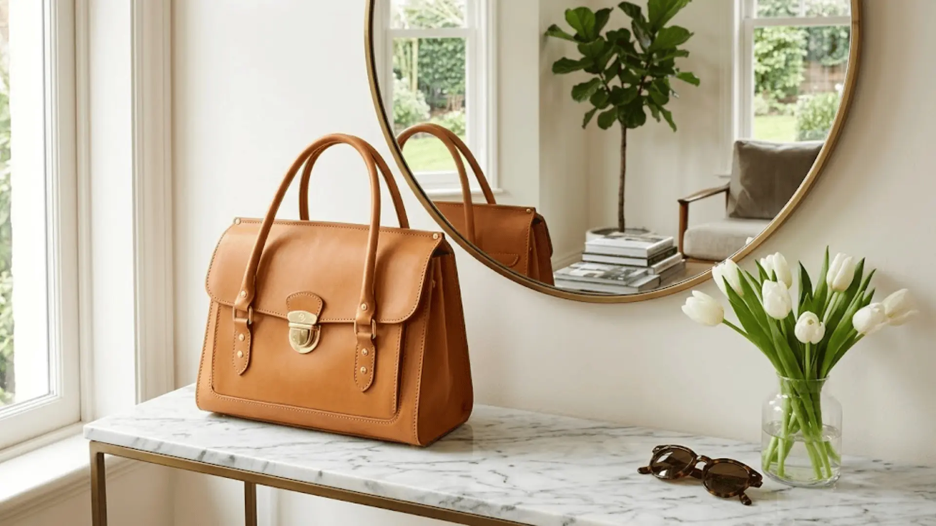 tan leather handbag on marble console with white tulips and sunglasses below round mirror in natural light