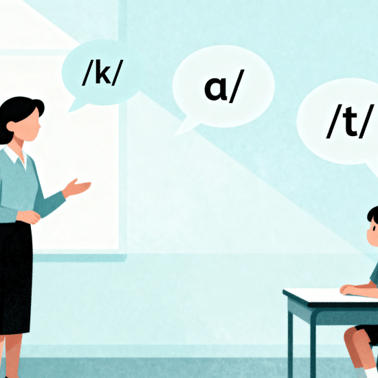 Teacher helping child hear sounds in the word cat using simple sound bubbles