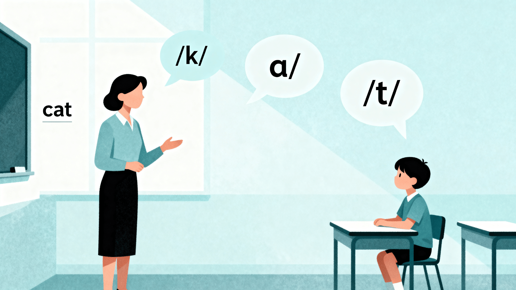 Teacher helping child hear sounds in the word cat using simple sound bubbles