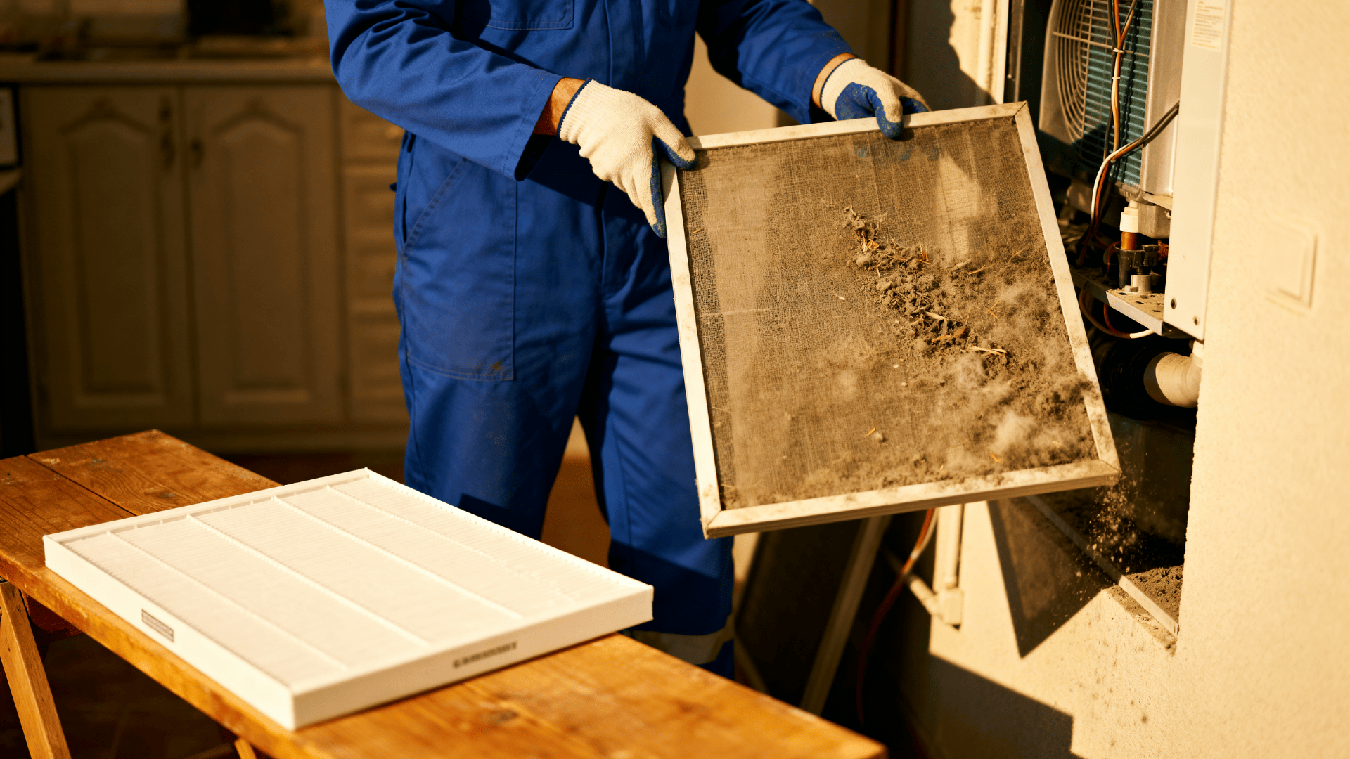 Technician replacing a dirty HVAC air filter with a clean one in a home system, showing dust buildup, gloves, and maintenance process indoors