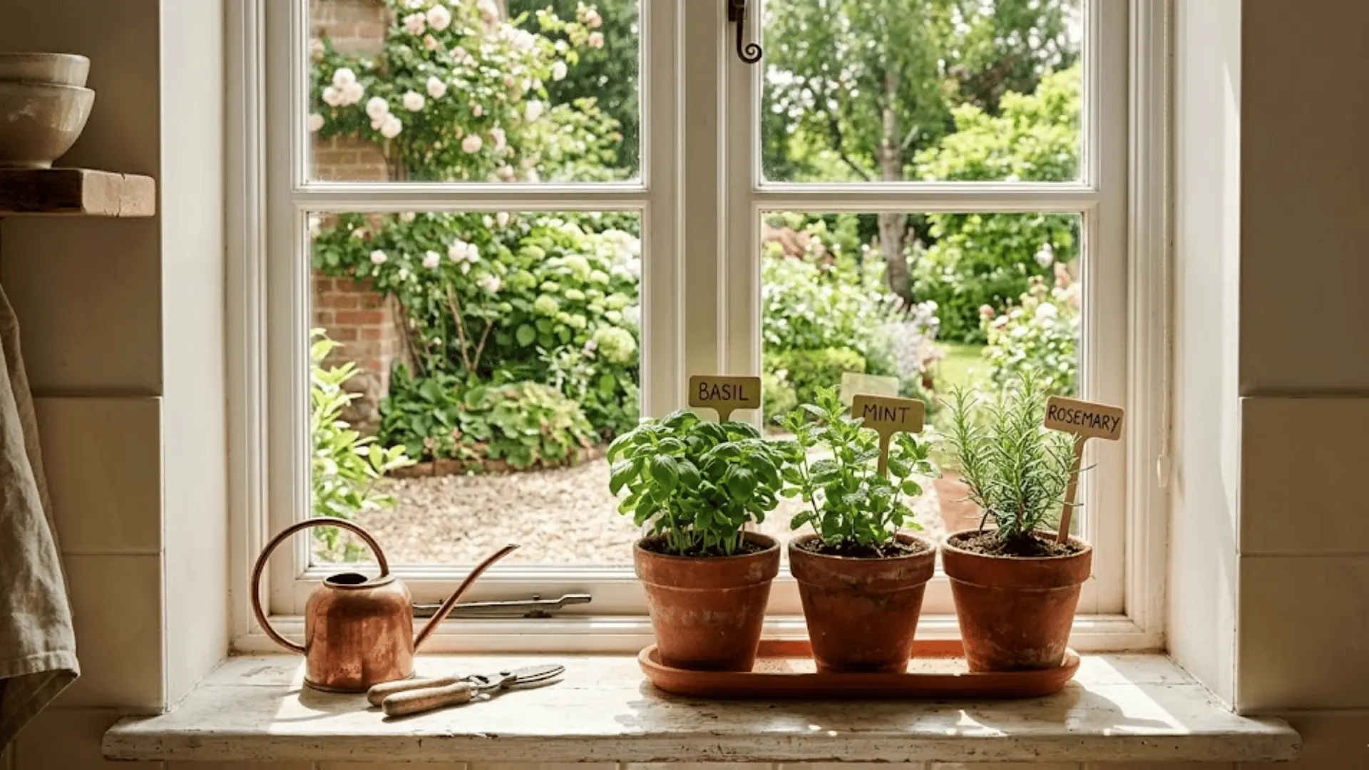 terracotta herb garden kit on sunlit kitchen windowsill with basil, mint, rosemary, and a small watering can