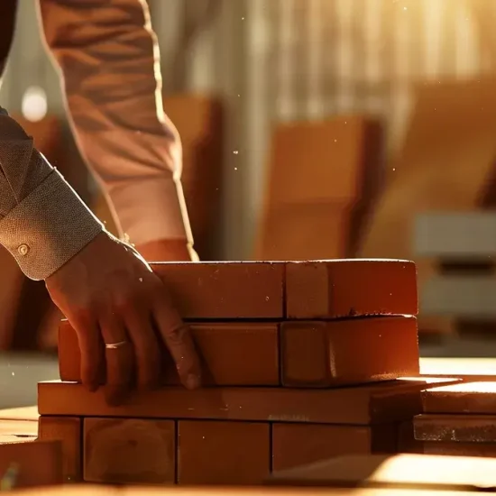 Person stacking bricks in a sunlit workshop with dust particles in the air