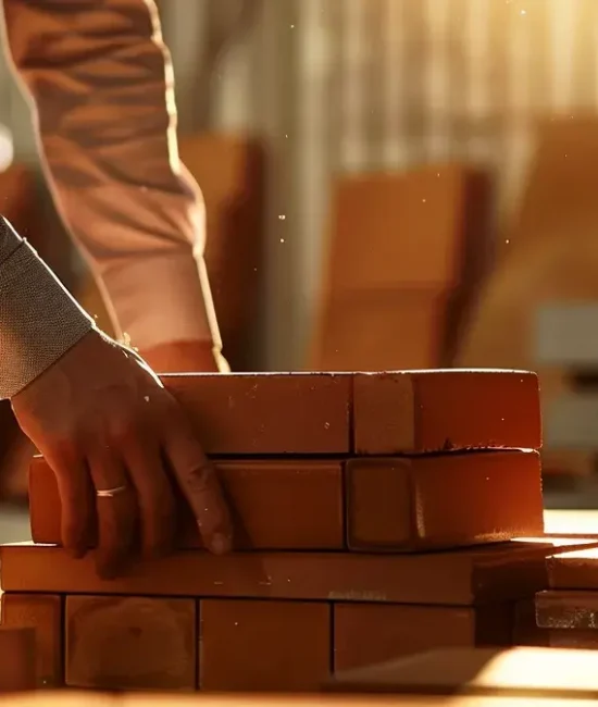 Person stacking bricks in a sunlit workshop with dust particles in the air