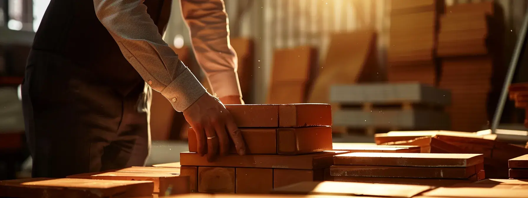 Person stacking bricks in a sunlit workshop with dust particles in the air