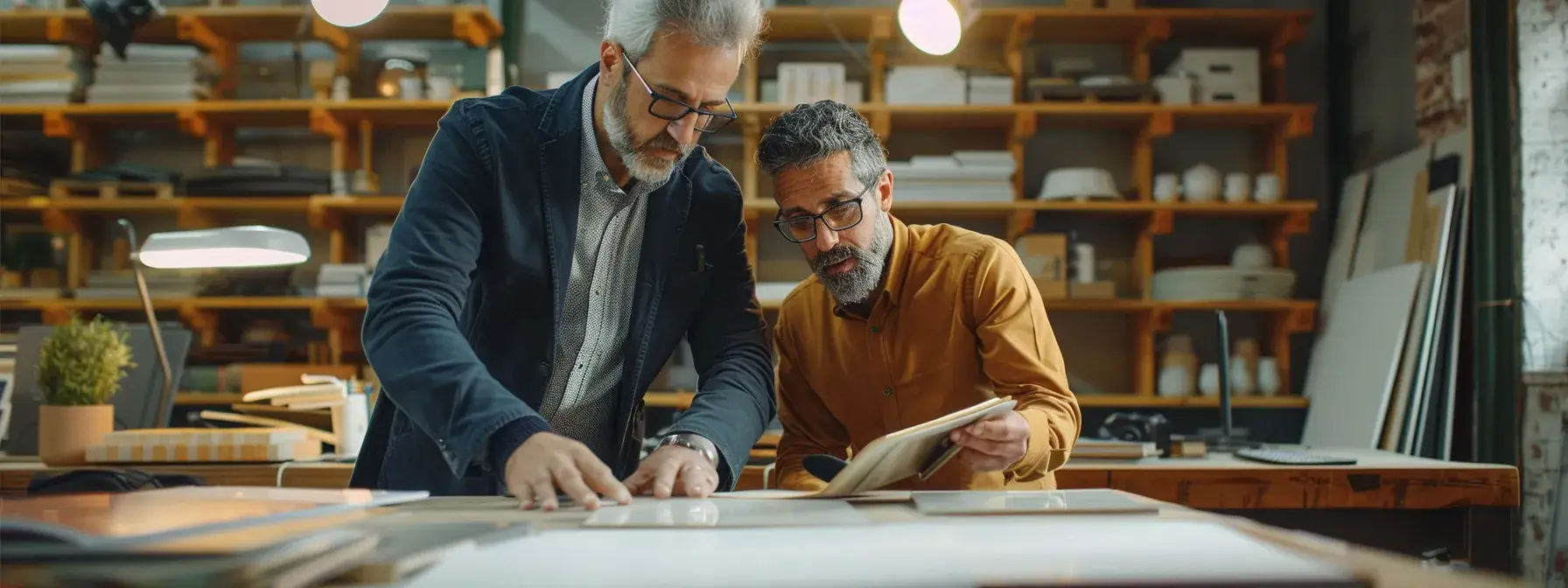 Two men collaborating over project plans in a studio with wooden shelves and warm lighting