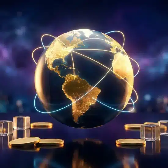 Glowing globe with interconnected lines surrounded by gold coins on reflective surface