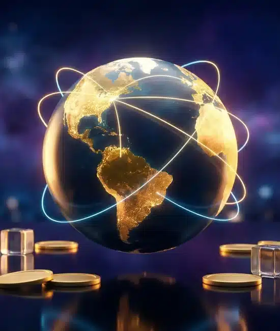 Glowing globe with interconnected lines surrounded by gold coins on reflective surface