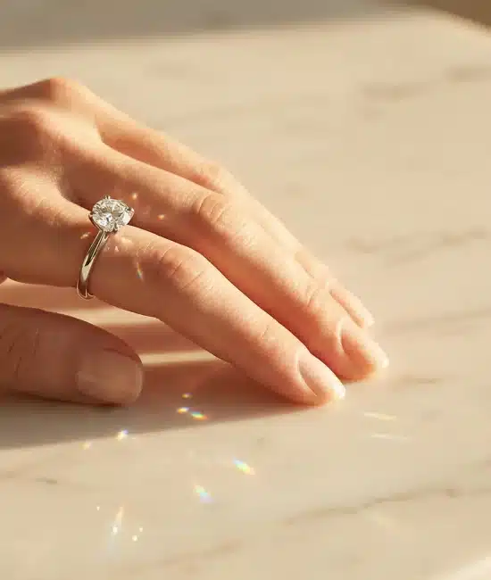 Hand with diamond engagement ring resting on marble table in soft natural light