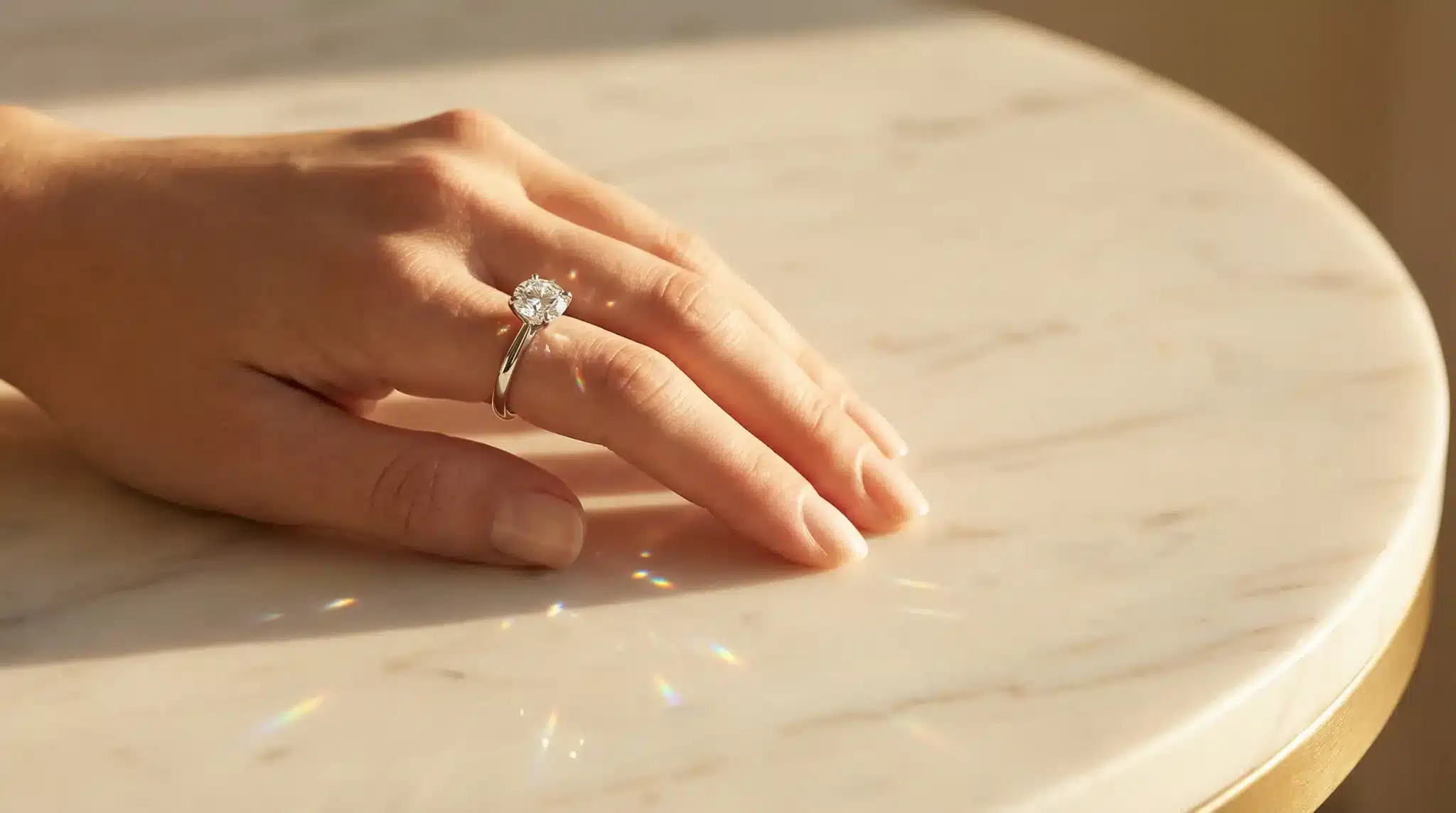 Hand with diamond engagement ring resting on marble table in soft natural light