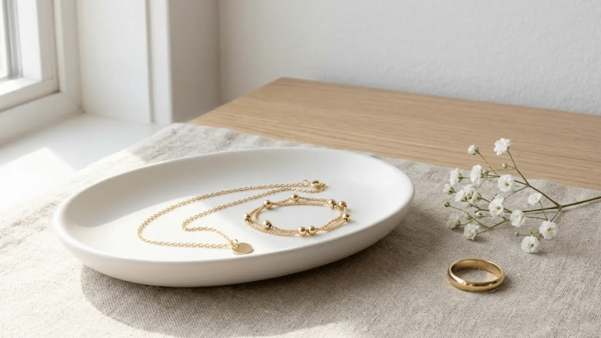 thin gold chain necklace and bracelet on white ceramic dish with baby's breath in soft morning light