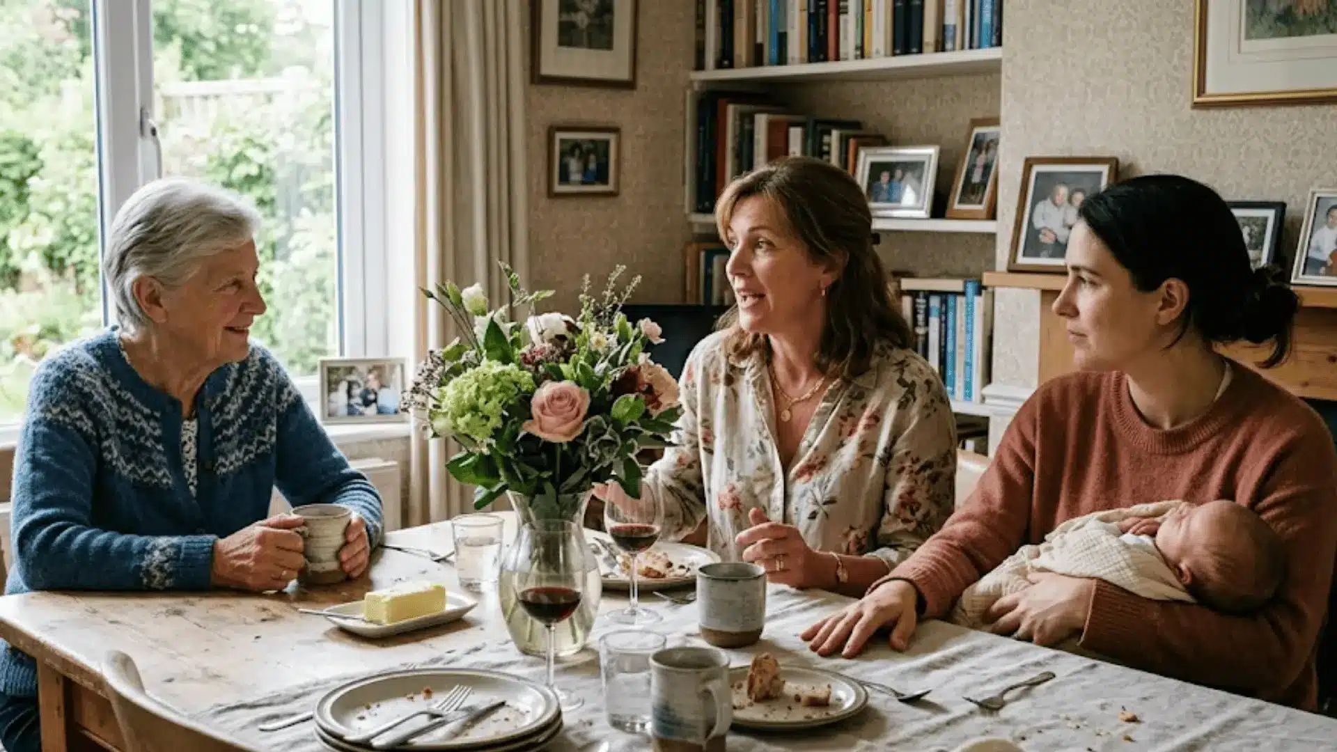 three generations of women sharing a quiet moment at a dining table in warm natural light