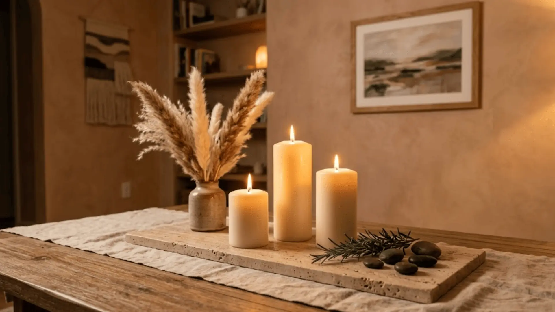 three lit pillar candles on travertine tray with pampas grass, rosemary, and stones in warm evening light