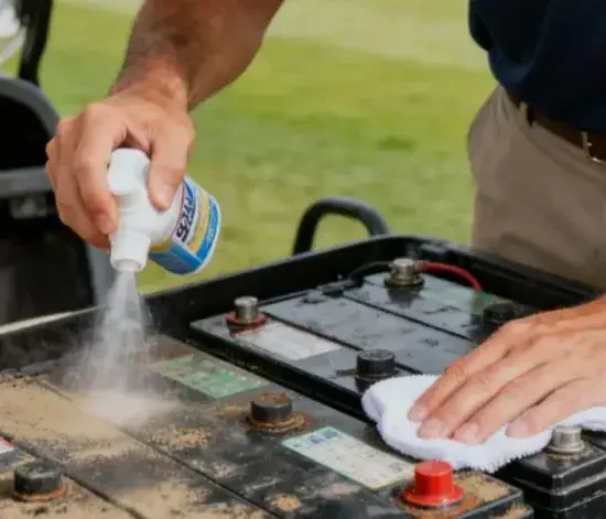 Person cleaning car battery with spray and cloth outdoors on a sunny day