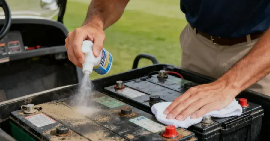 Person cleaning car battery with spray and cloth outdoors on a sunny day