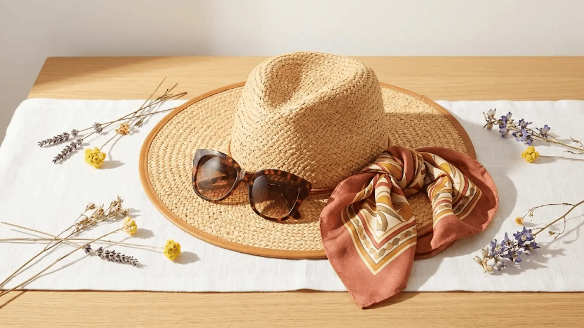 tortoiseshell sunglasses on straw hat with silk scarf and dried wildflowers on linen in afternoon light