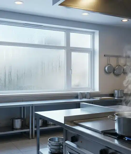 Stainless steel commercial kitchen with steam rising from pot on stove, hanging pans, large window