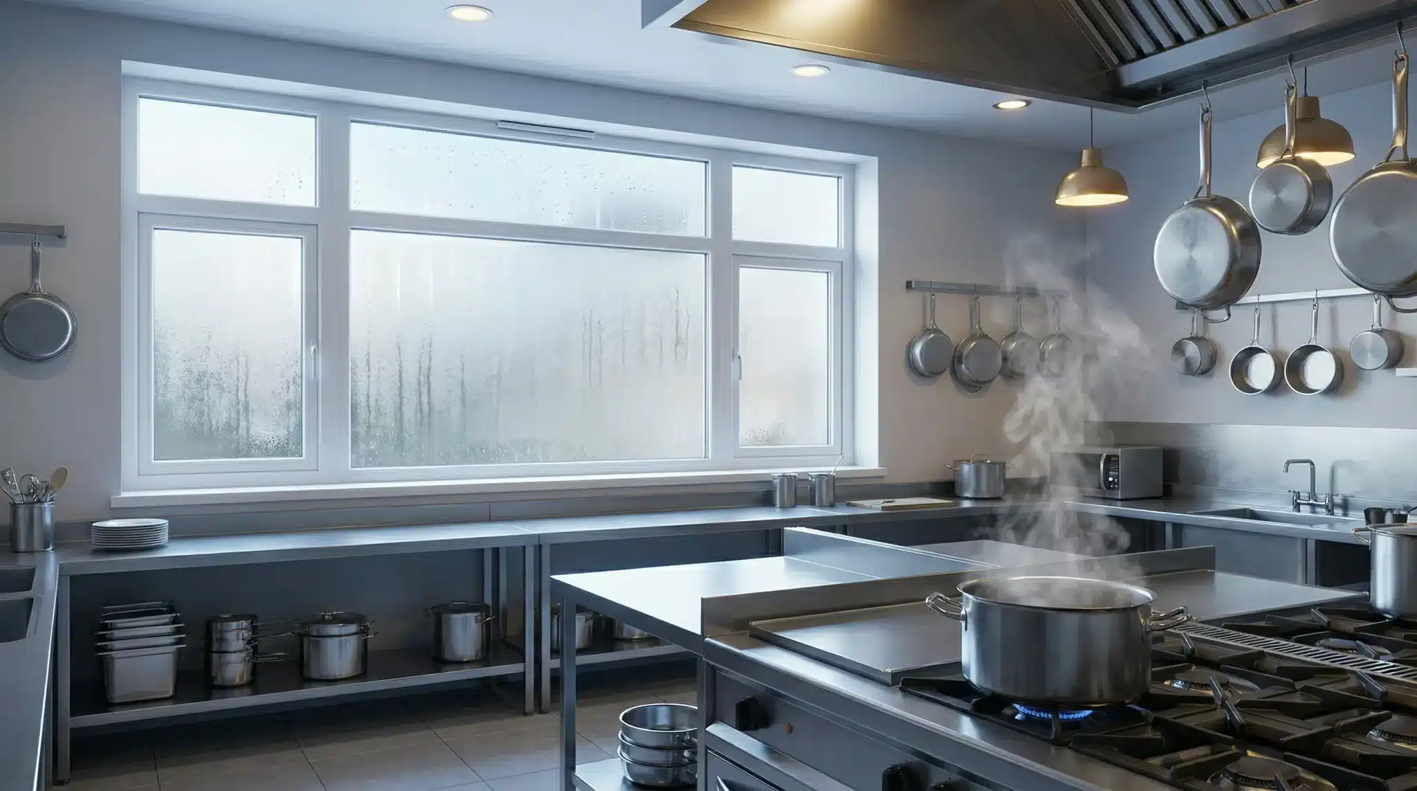 Stainless steel commercial kitchen with steam rising from pot on stove, hanging pans, large window