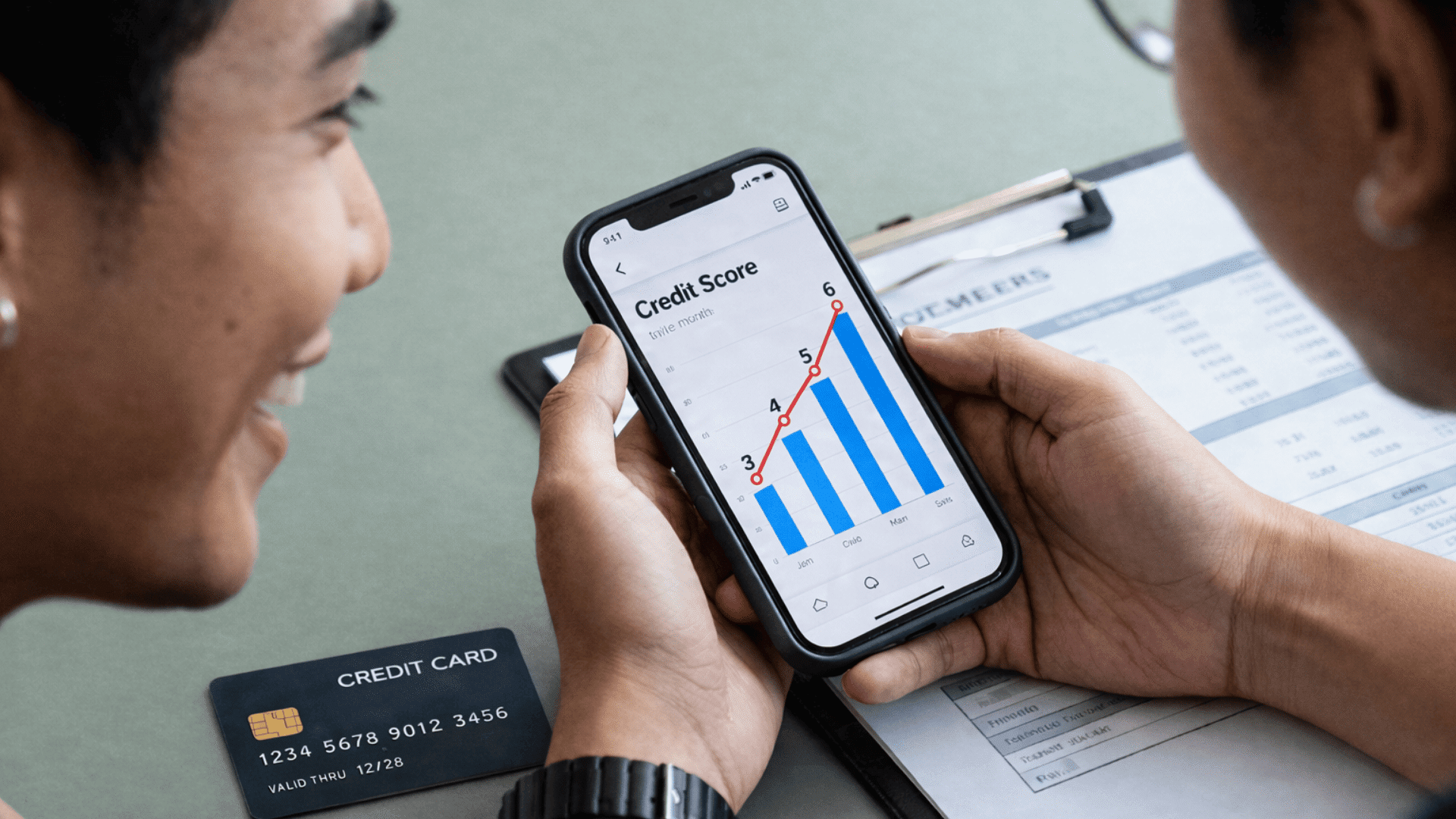 Two men reviewing a rising credit score on a phone, with a realistic credit card showing correct details like number and valid thru date
