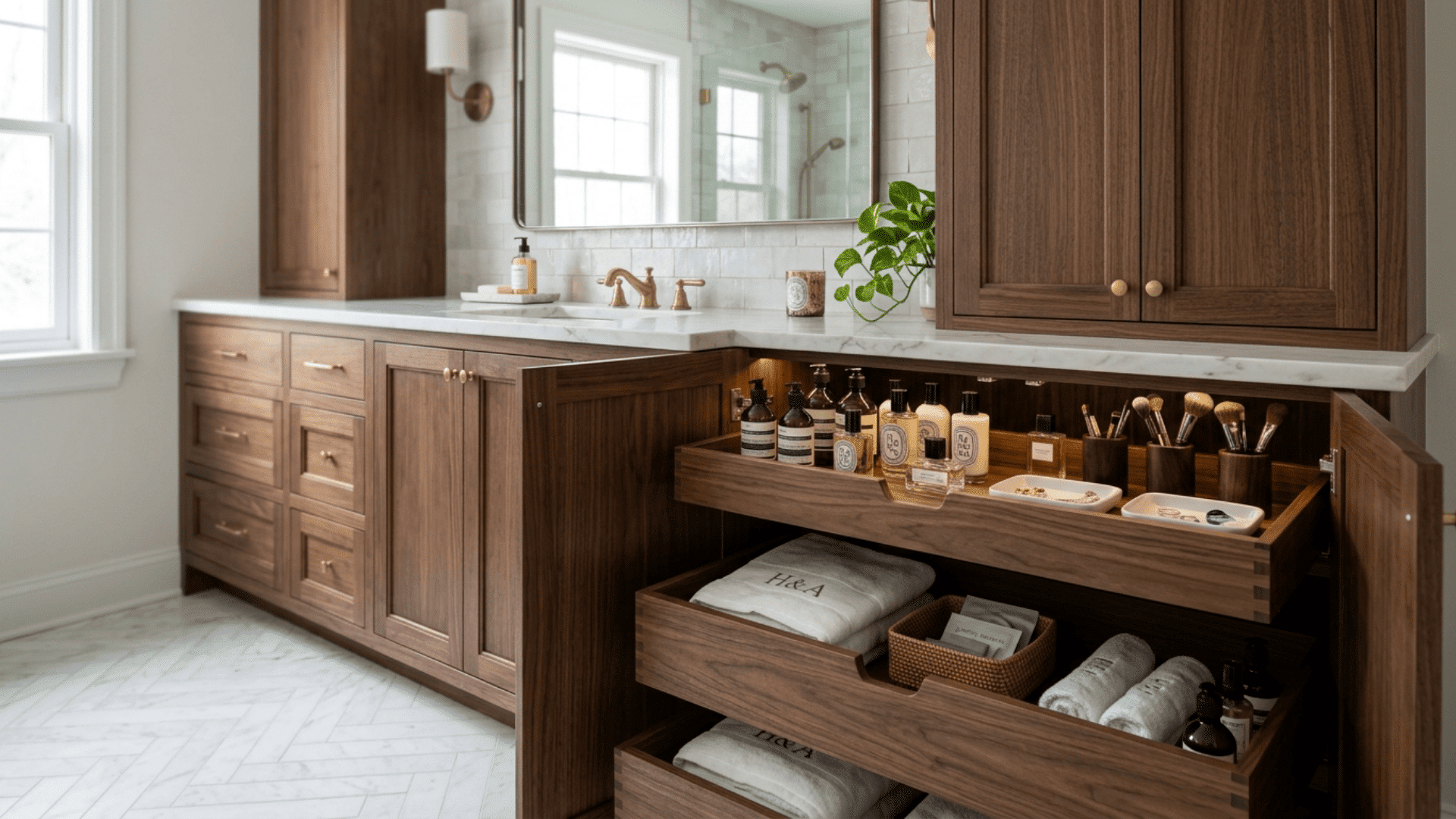 _Ultra-realistic bathroom with walnut cabinetry, marble counters, and open drawers featuring organized luxury toiletries.