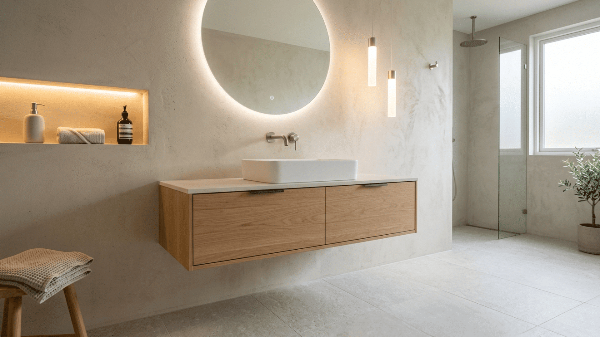 Ultra-realistic modern bathroom featuring a floating wood vanity, white vessel sink, backlit round mirror, and soft lighting.