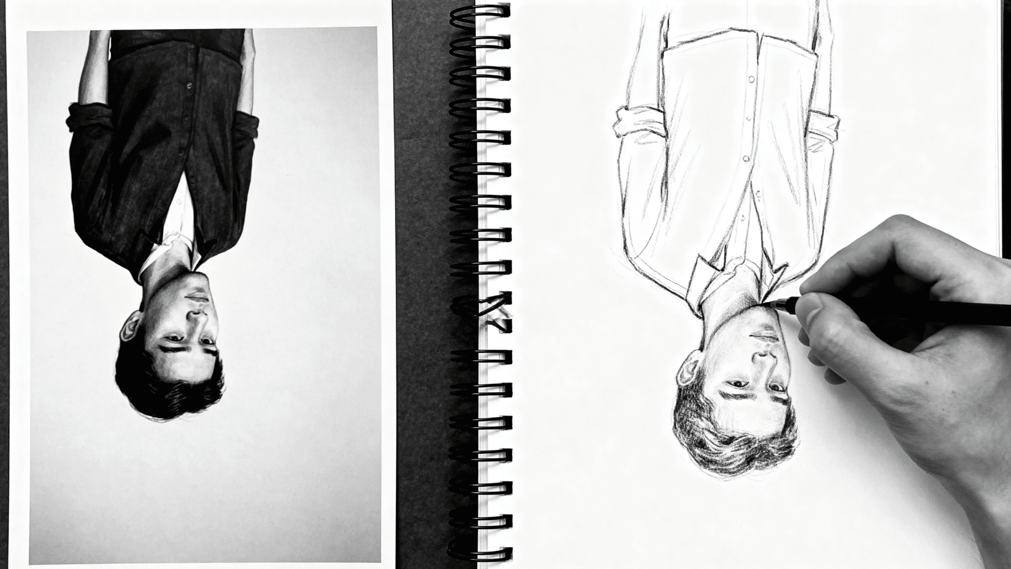 Upside-down reference image with matching drawing for practice