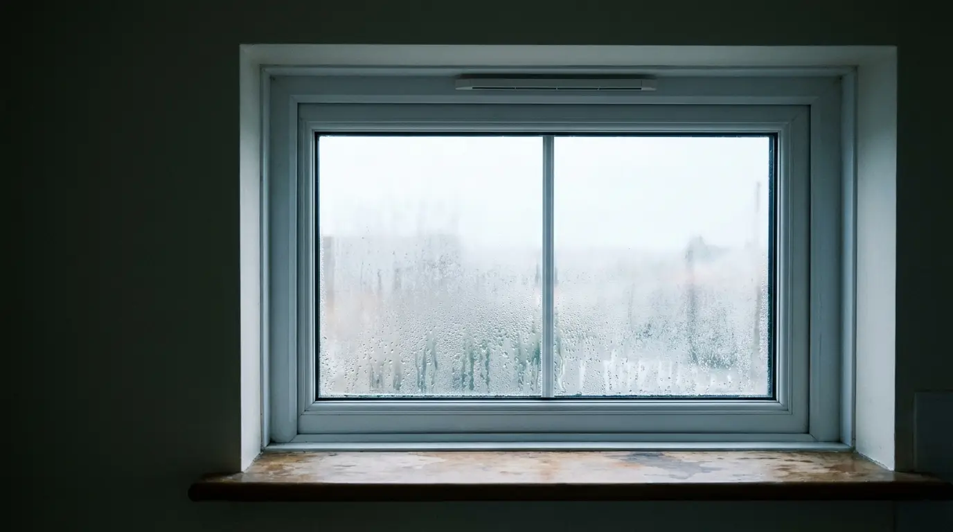 Foggy window with condensation, wooden sill, indoor setting, overcast natural light