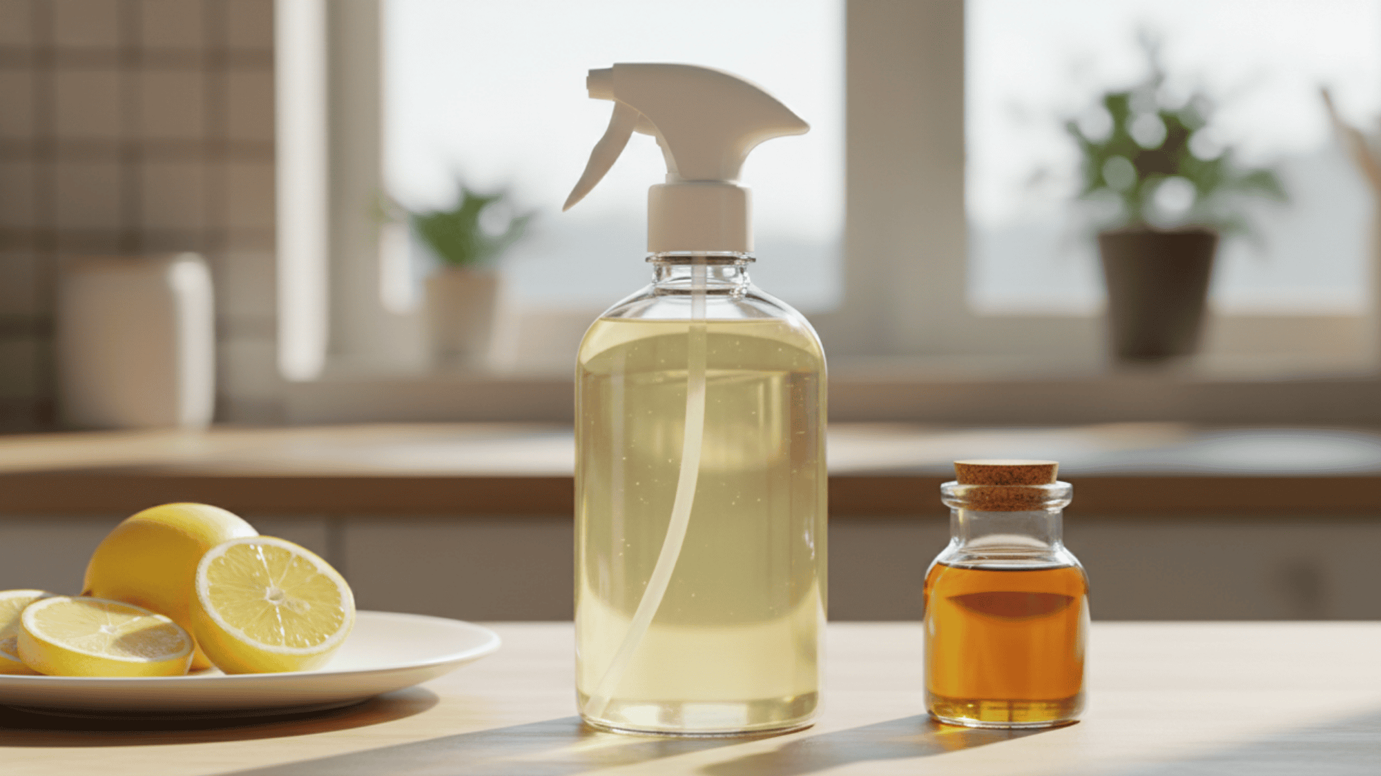 Vinegar-based homemade cleaning spray with lemon on kitchen counter