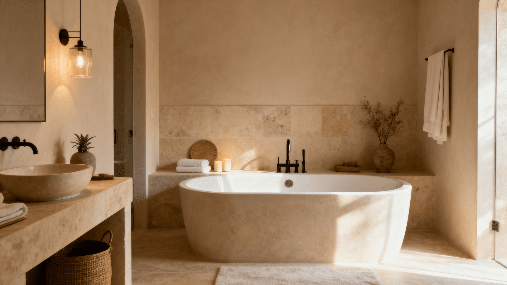 Warm minimalist bathroom with freestanding tub, stone textures, black fixtures, soft light, candles, towels, and natural decor.