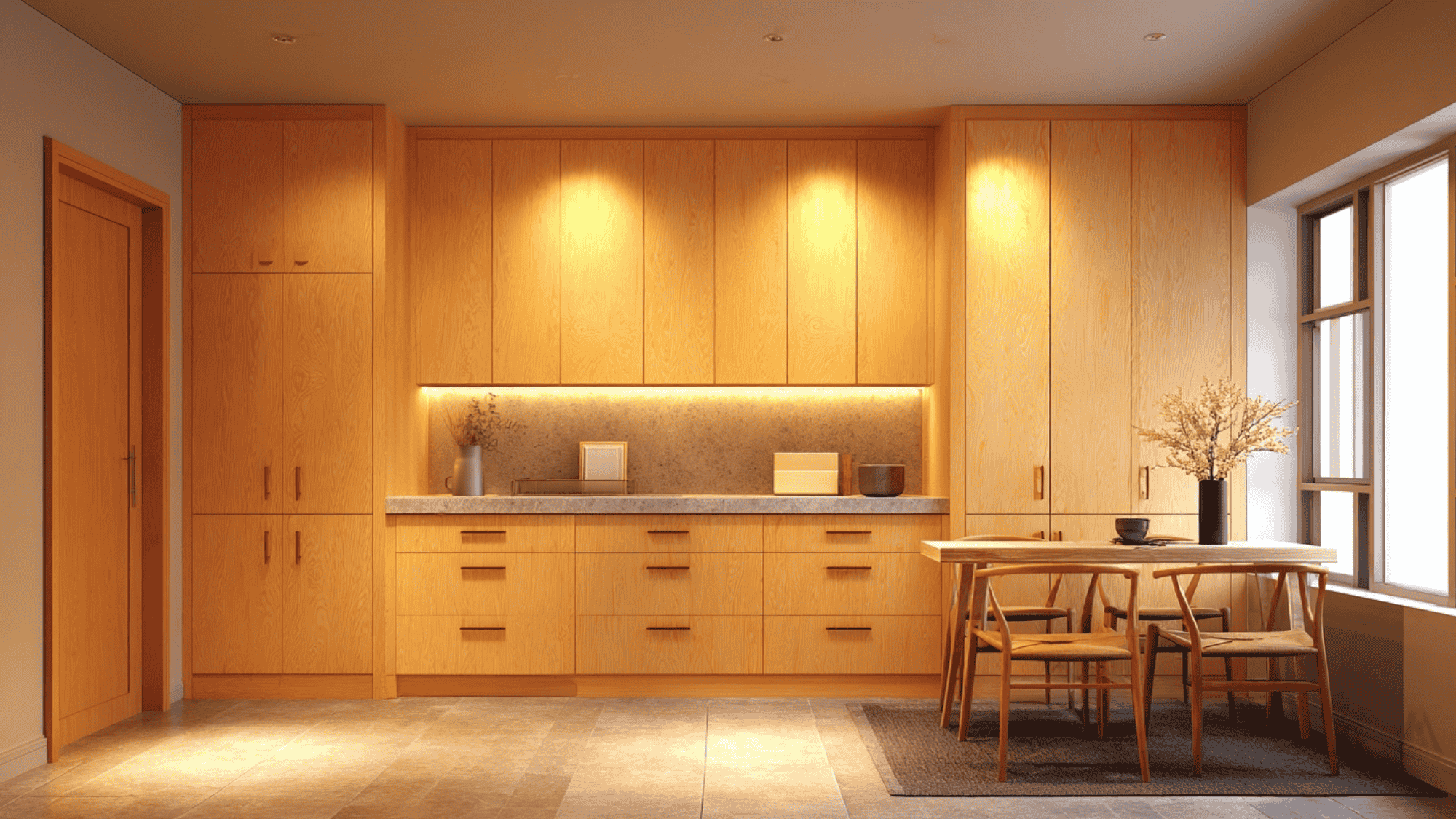 Warm wood floor-to-ceiling kitchen cabinets in a modern kitchen