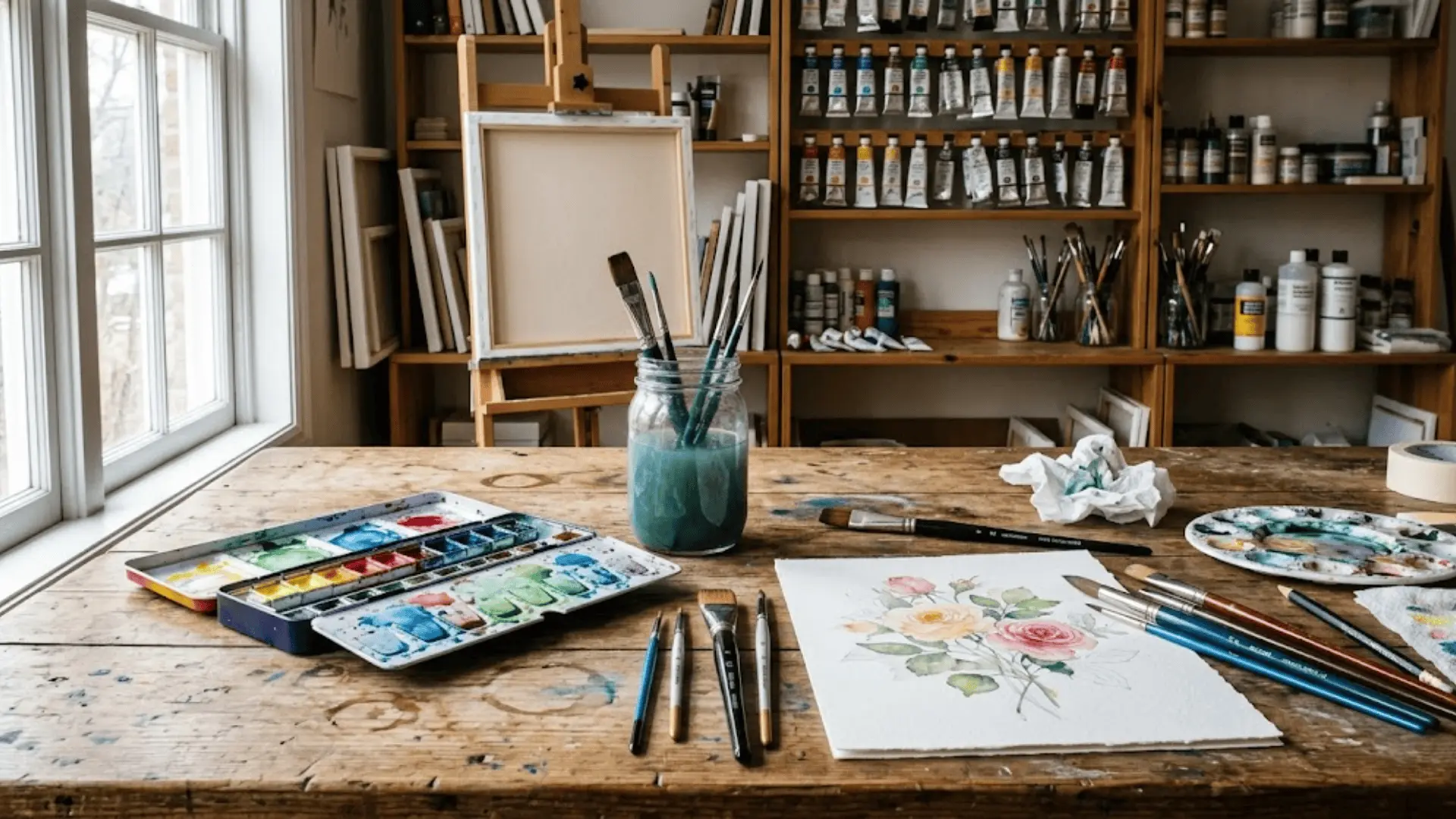 watercolor art kit on studio table with brushes, paint pans, and floral painting in natural north light