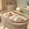 Newborn baby asleep in a wooden crib in a cozy nursery with soft lighting