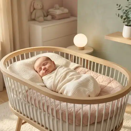 Newborn baby asleep in a wooden crib in a cozy nursery with soft lighting