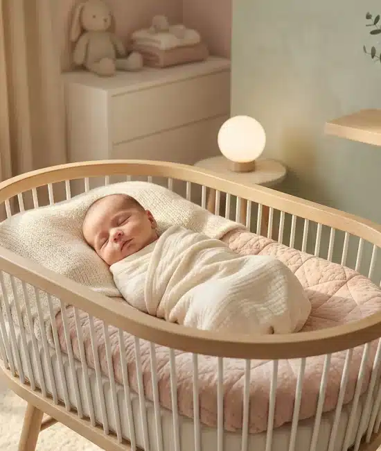 Newborn baby asleep in a wooden crib in a cozy nursery with soft lighting