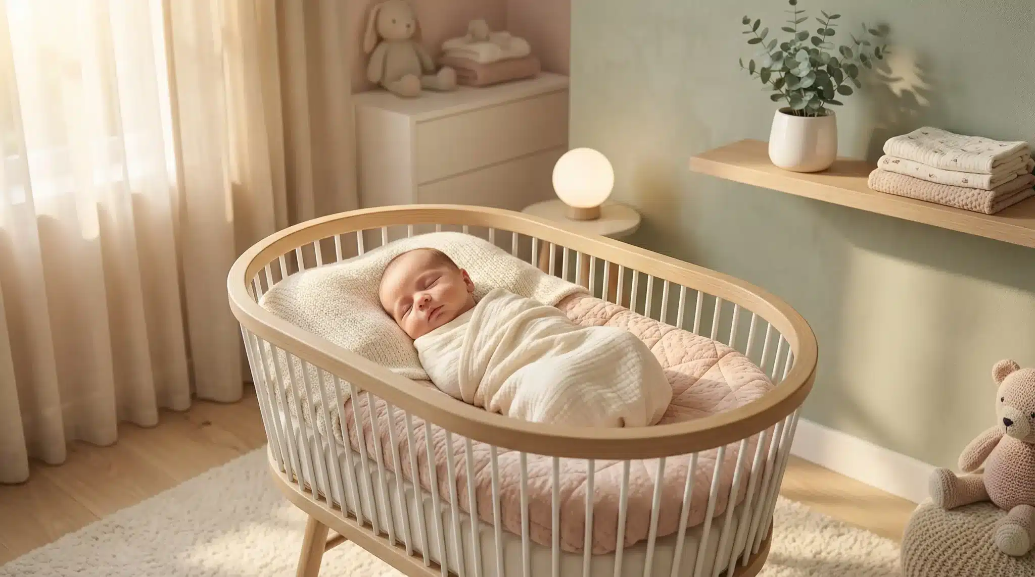 Newborn baby asleep in a wooden crib in a cozy nursery with soft lighting
