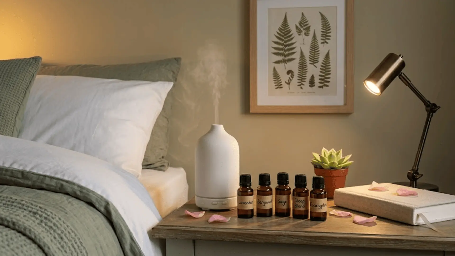 white ceramic diffuser misting on nightstand beside amber oil bottles, succulent, and warm bedroom lighting