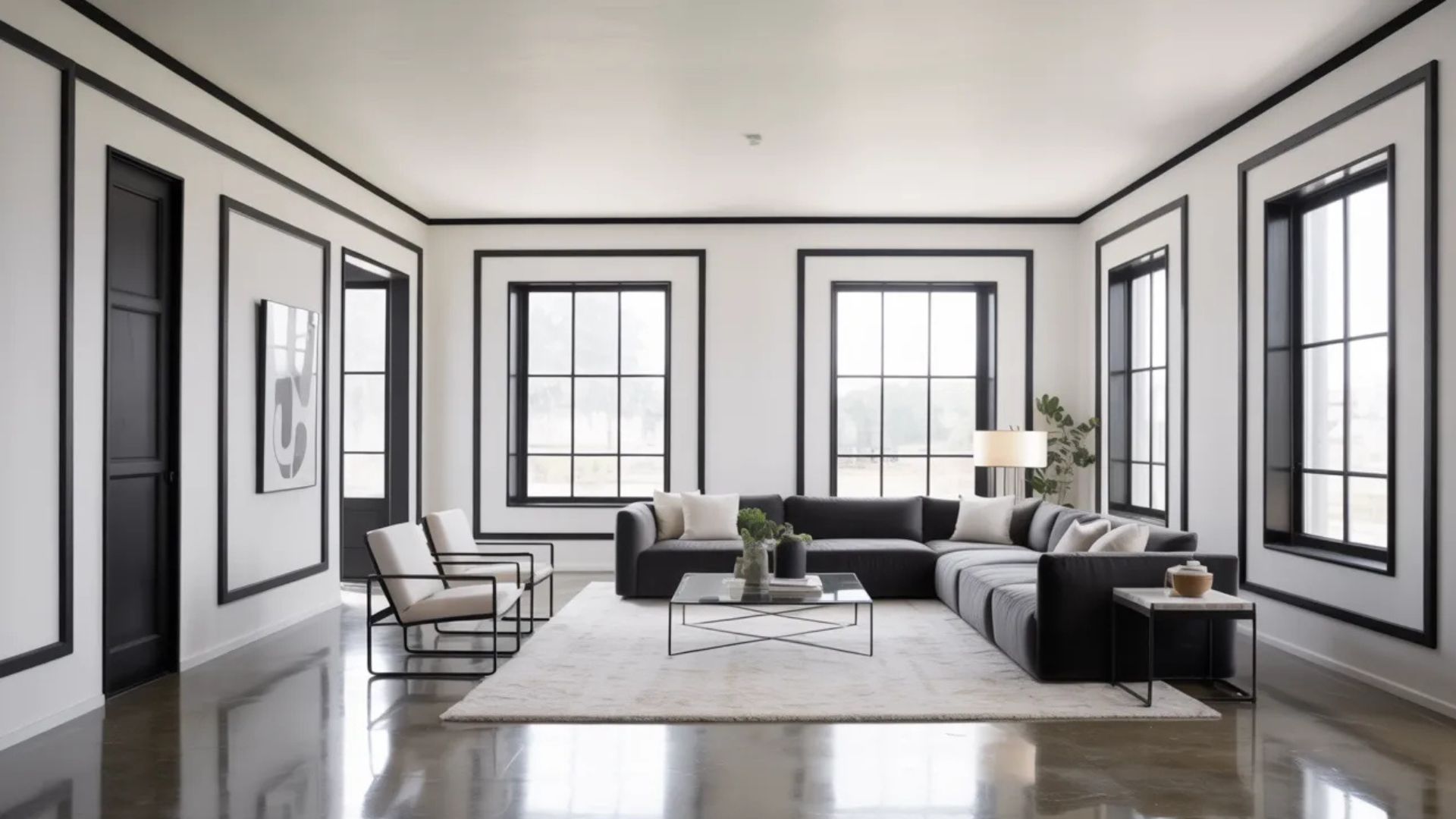 White walls with black trim in a bold modern interior