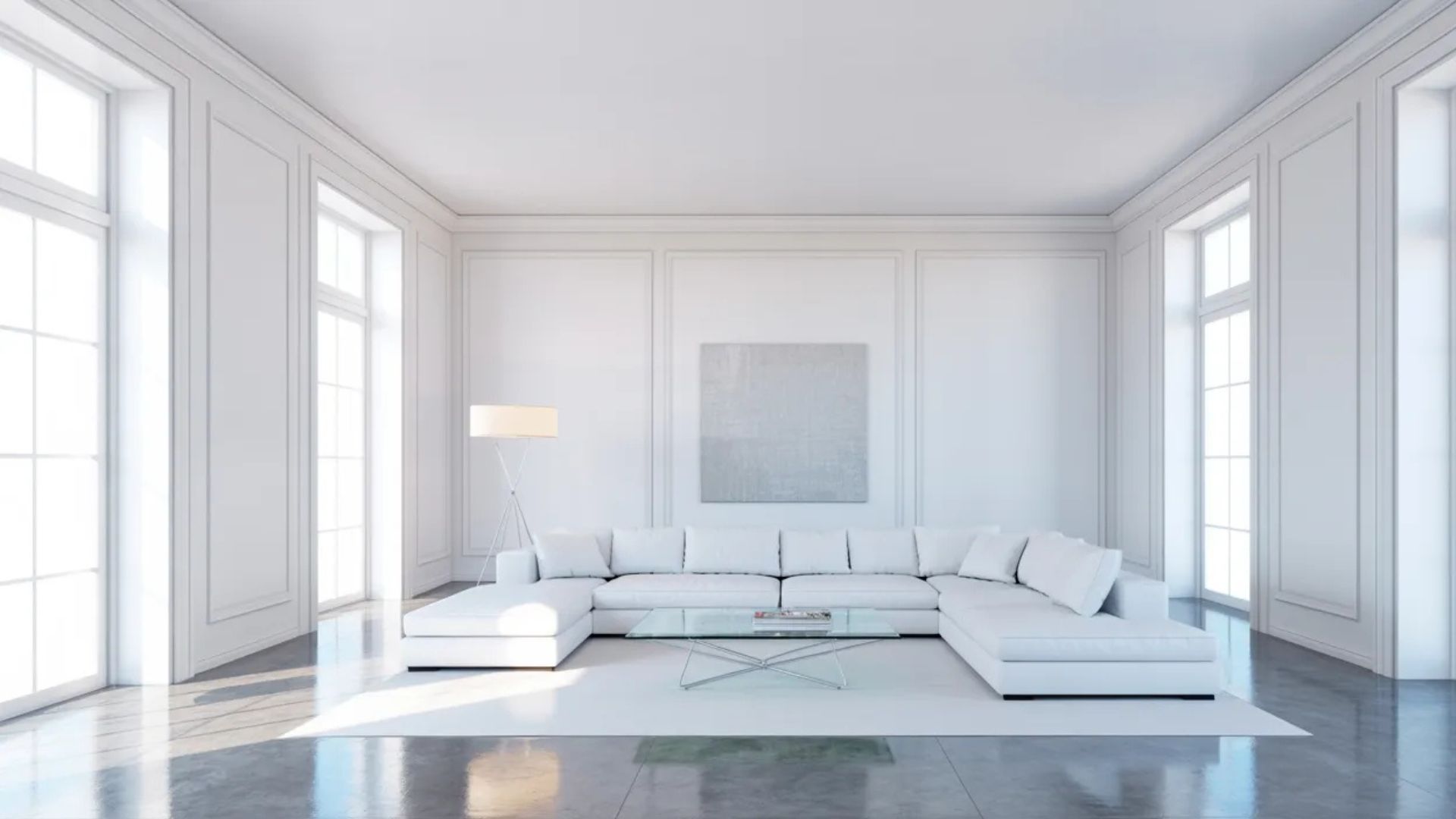 White walls with bright white trim in a modern minimal living room