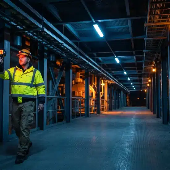 Worker in high-visibility jacket inspecting industrial facility with thermal camera under blue lighting