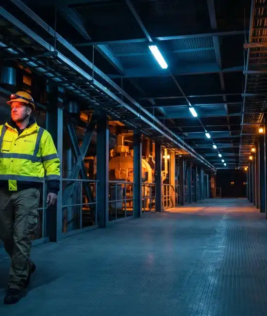 Worker in high-visibility jacket inspecting industrial facility with thermal camera under blue lighting
