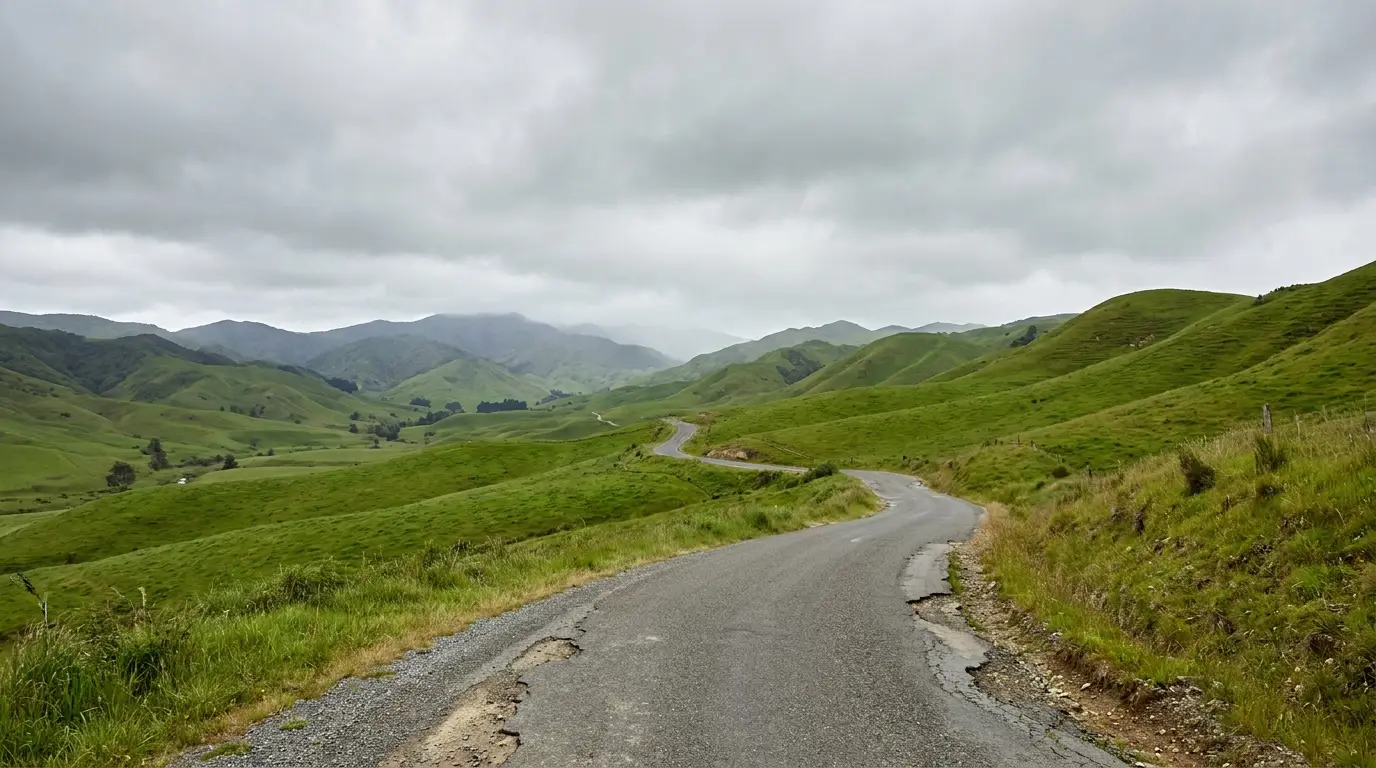 Winding rural road through lush green hills under overcast sky