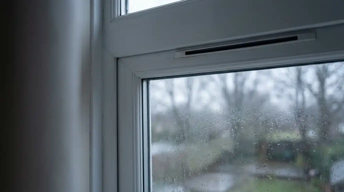 Raindrops on window with blurred view of overcast outdoor landscape