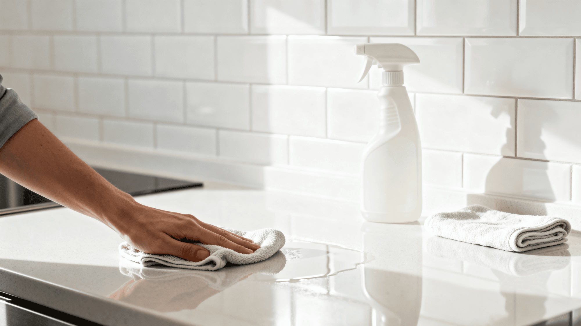 Wiping kitchen countertop and backsplash for deep cleaning