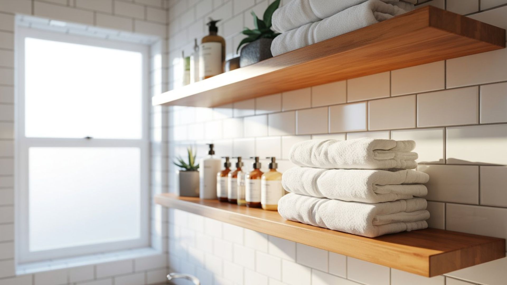 wooden floating shelves in bathroom holding towels and decor items providing both storage space and decorative appeal