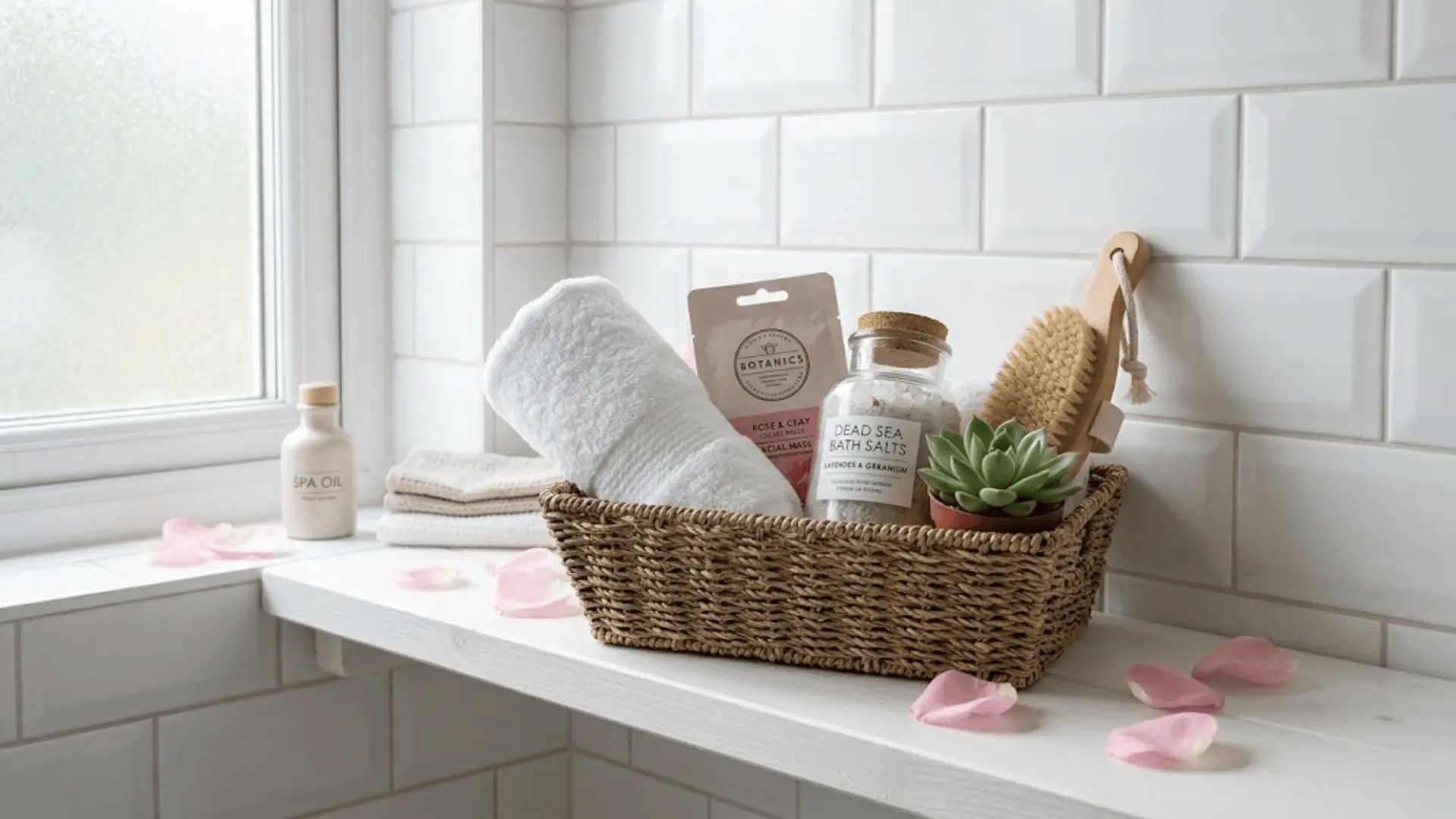 woven spa gift basket on white bathroom shelf with towel, bath salts, body brush, and rose petals