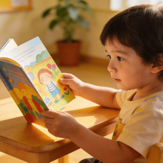 Young child reading a simple book at a desk, showing early learning and basic reading development