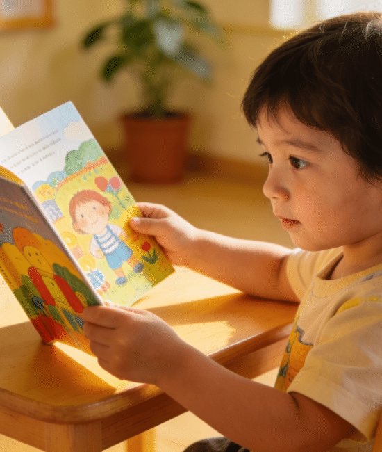 Young child reading a simple book at a desk, showing early learning and basic reading development