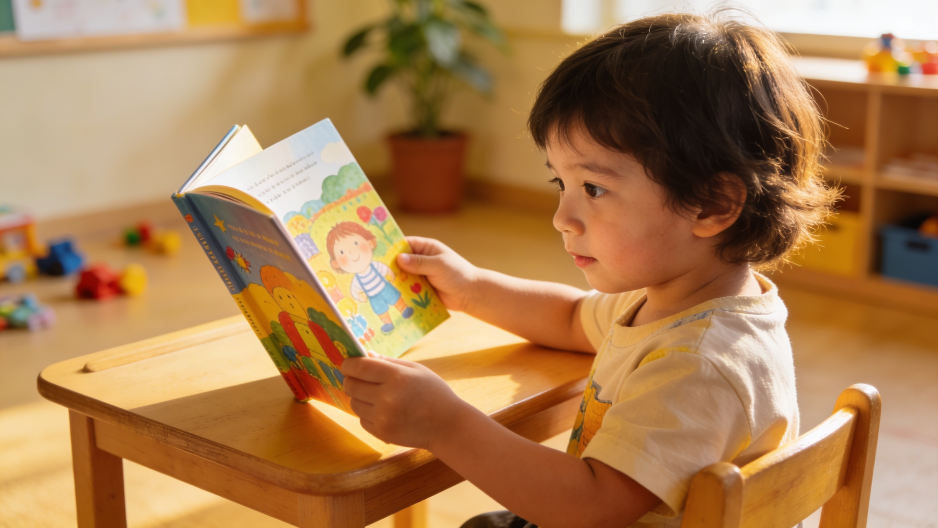 Young child reading a simple book at a desk, showing early learning and basic reading development