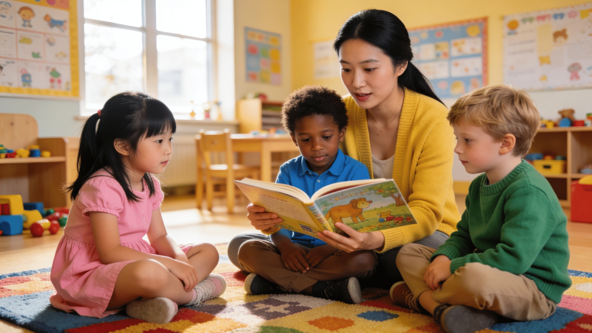 Young children sitting in a circle with a teacher in a bright kindergarten classroom setting