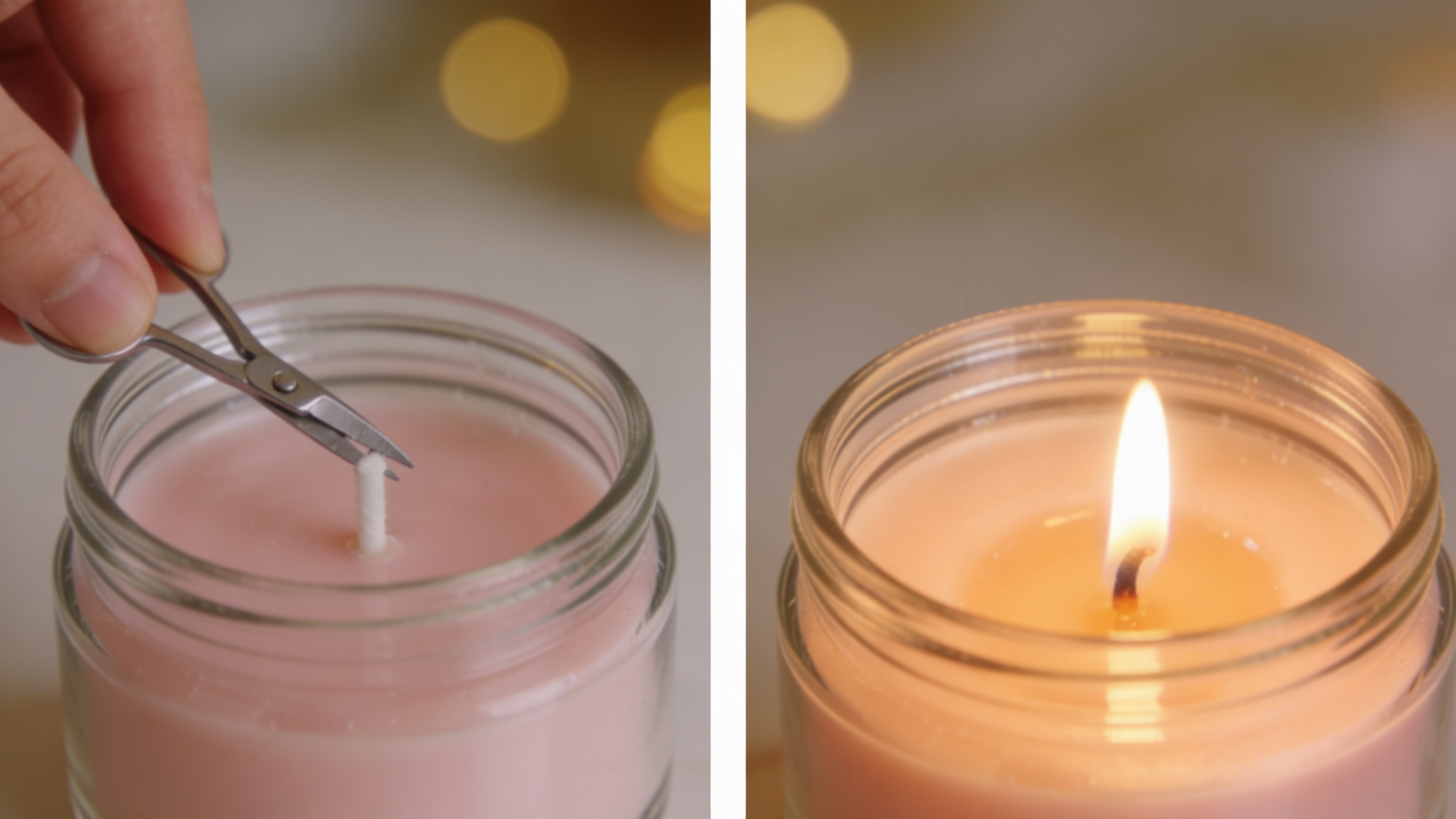 A clear glass jar filled with pale pink wax cooling and hardening at room temperature on a wooden table, with a centered wick standing upright. (1)